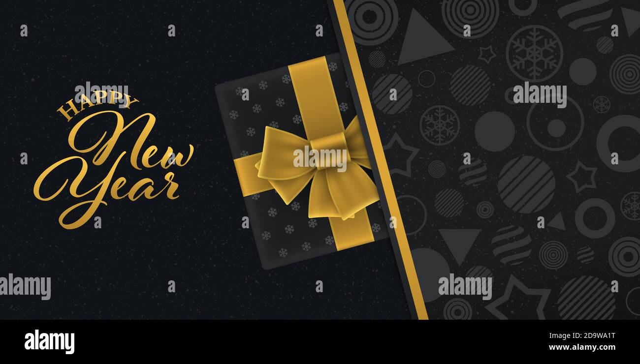 Carte de voeux dorée pour le nouvel an avec boîte cadeau sur fond noir à motifs géométriques. Bannière de luxe pour la nouvelle année. Illustration de Vecteur