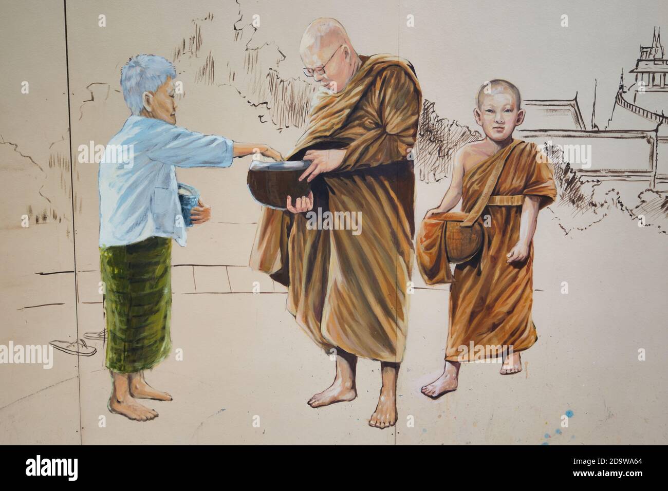 Une fresque à Ong Ang Walking Street par Klong Ong Ang, Chinatown / Phahulat, Bangkok, Thaïlande, représentant des moines pendant leur tour de matin Banque D'Images