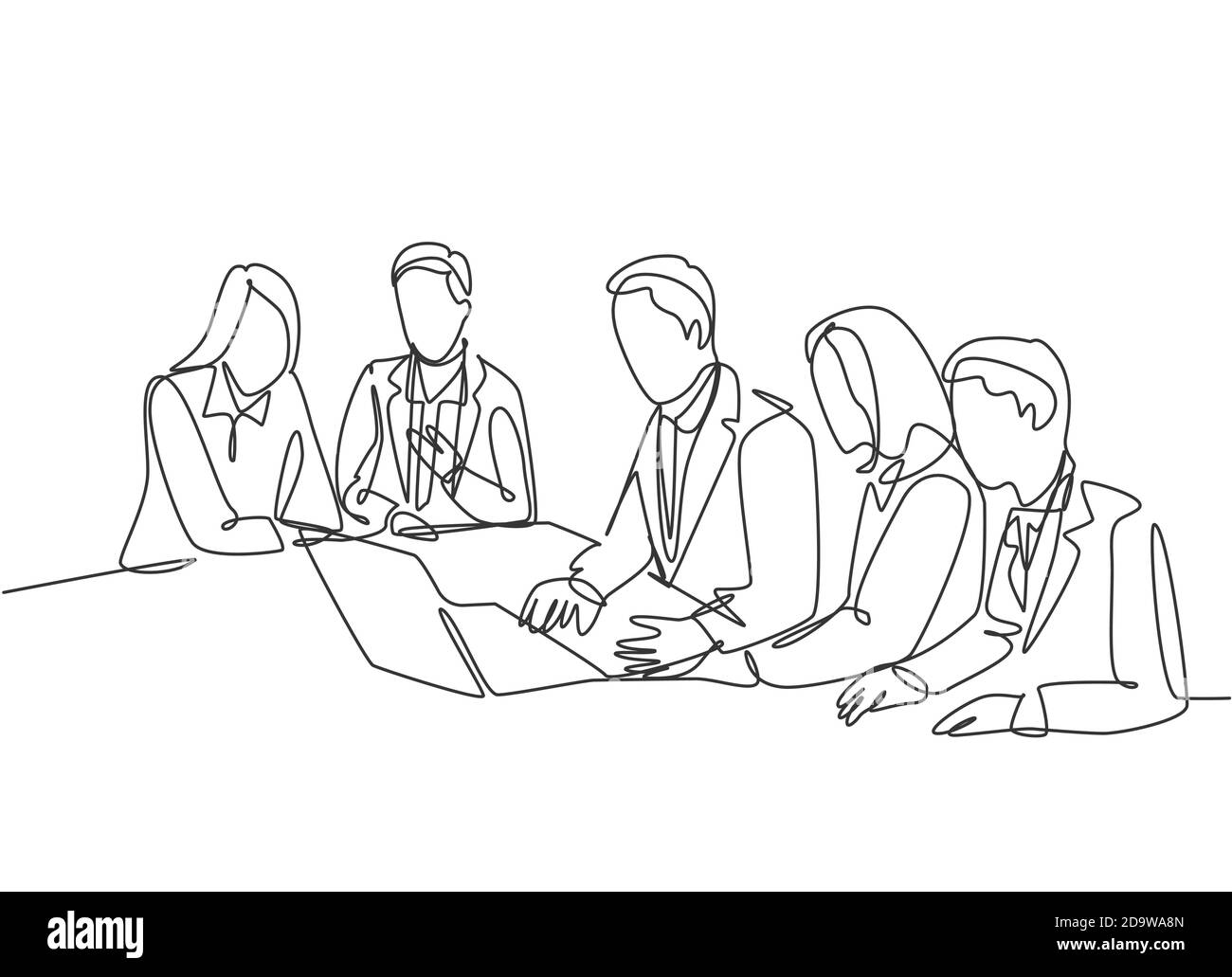Un dessin continu d'un jeune présentateur présentant une stratégie d'entreprise pour augmenter les ventes lors d'une réunion de bureau. Concept de plan d'affaires Illustration de Vecteur