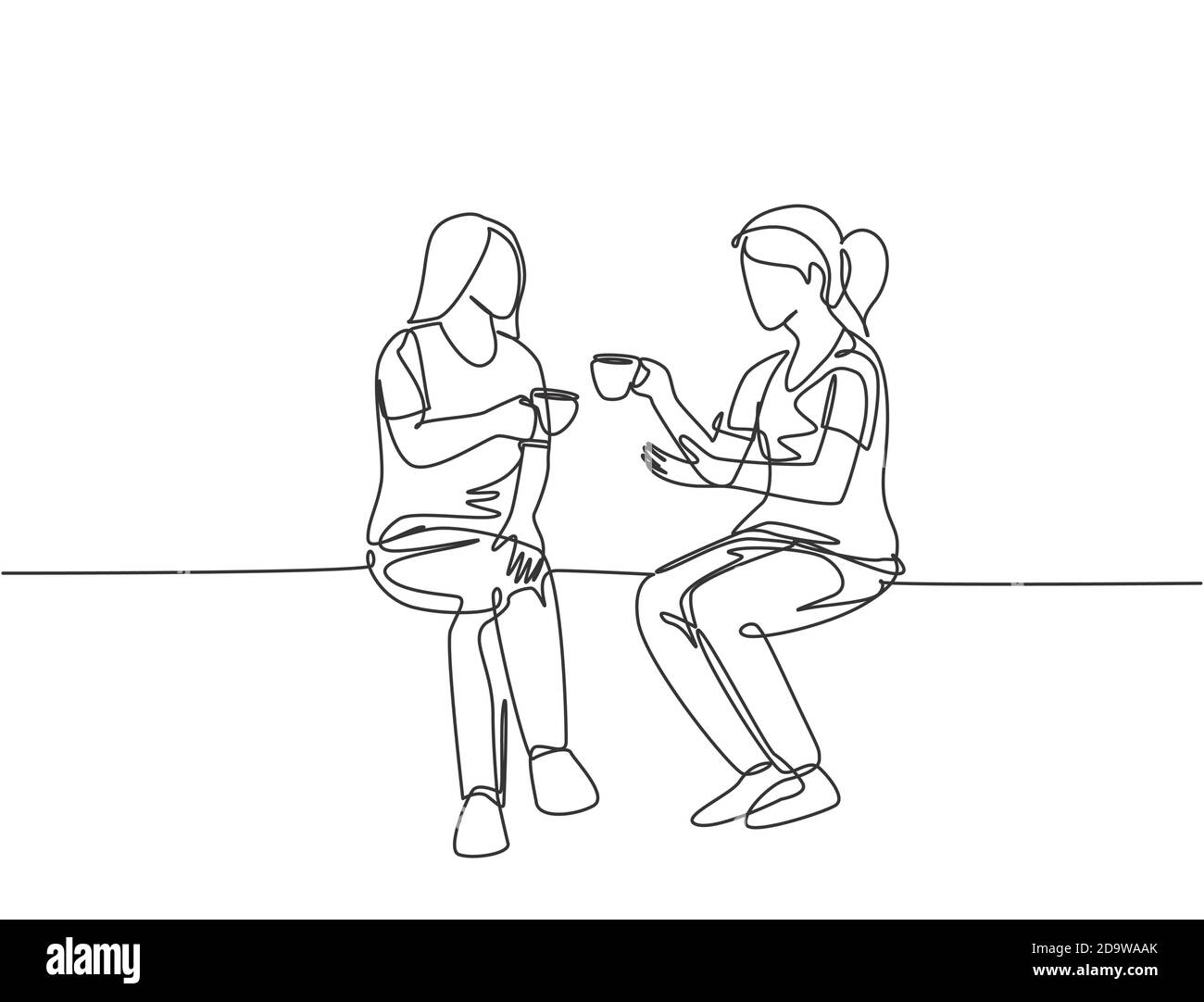 Le dessin en ligne continue simple de deux jeunes travailleuses ont un chat décontracté sur boire du café pendant la pause de bureau. Avoir un petit concept de conversation au travail Illustration de Vecteur
