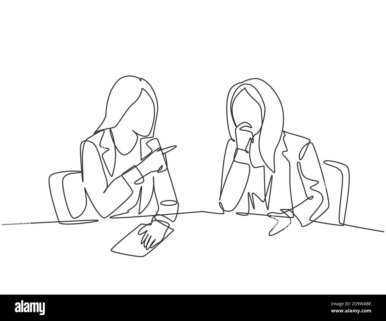 Un dessin continu de deux jeunes femmes d'affaires heureuses discutant du contrat de projet ensemble pendant la réunion. Concept Business Deal Illustration de Vecteur