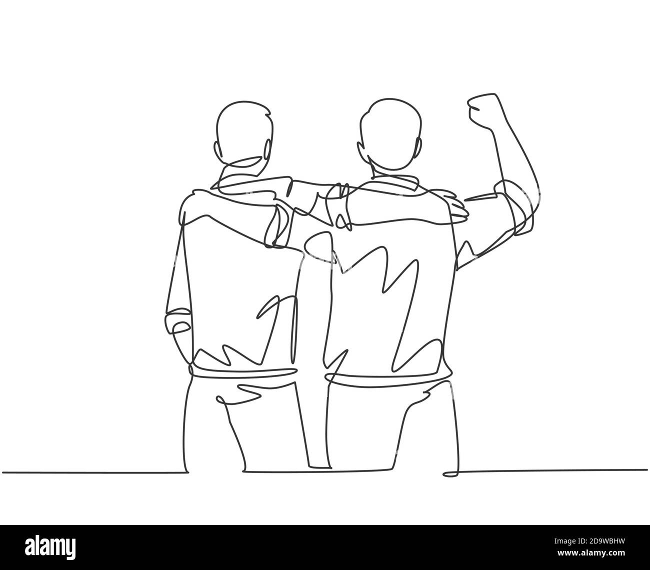 Une ligne continue de dessin de deux travailleurs masculins au bureau se embrassant et se soutenant l'un l'autre pour le succès de leur carrière. Concept d'assistance ami Illustration de Vecteur