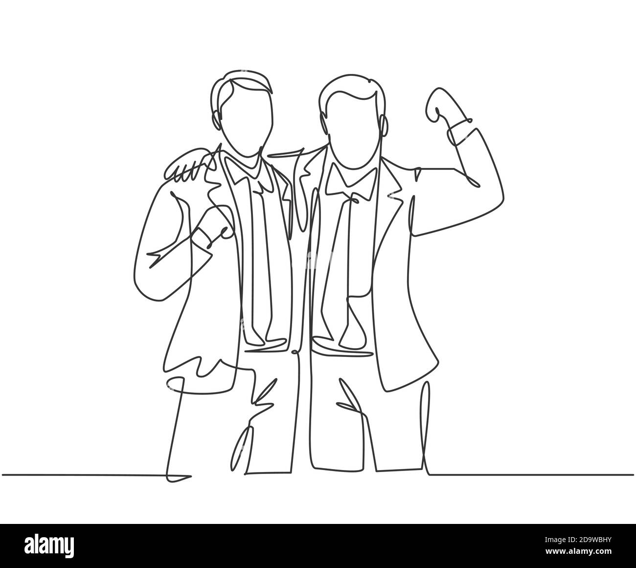 Un dessin continu de deux jeunes hommes d'affaires heureux au bureau debout ensemble et posant pour se rassembler. Concept de partenaire commercial Illustration de Vecteur