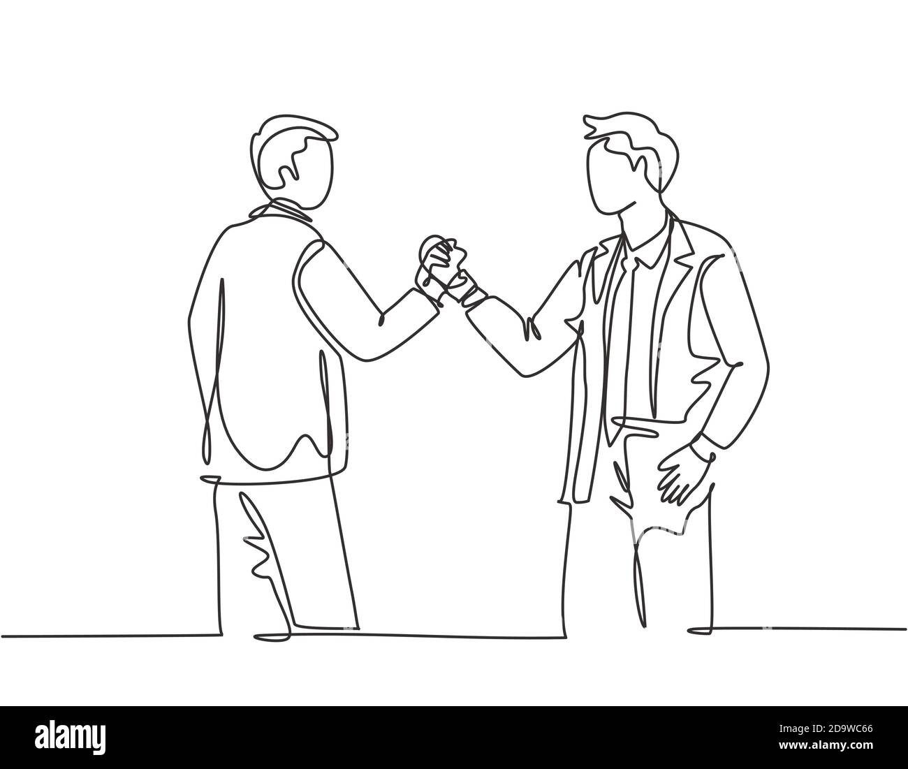 Un seul dessin de ligne de deux jeunes hommes d'affaires heureux tenant leurs mains ensemble pour marquer le début d'un projet conjoint. Concept de travail d'équipe Illustration de Vecteur