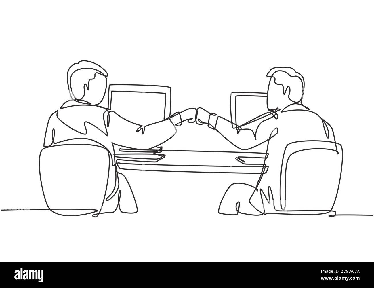 Un dessin continu de deux jeunes hommes heureux ouvrier se hantit pour célébrer leur succès au bureau. Concept de travail d'équipe d'entreprise Illustration de Vecteur