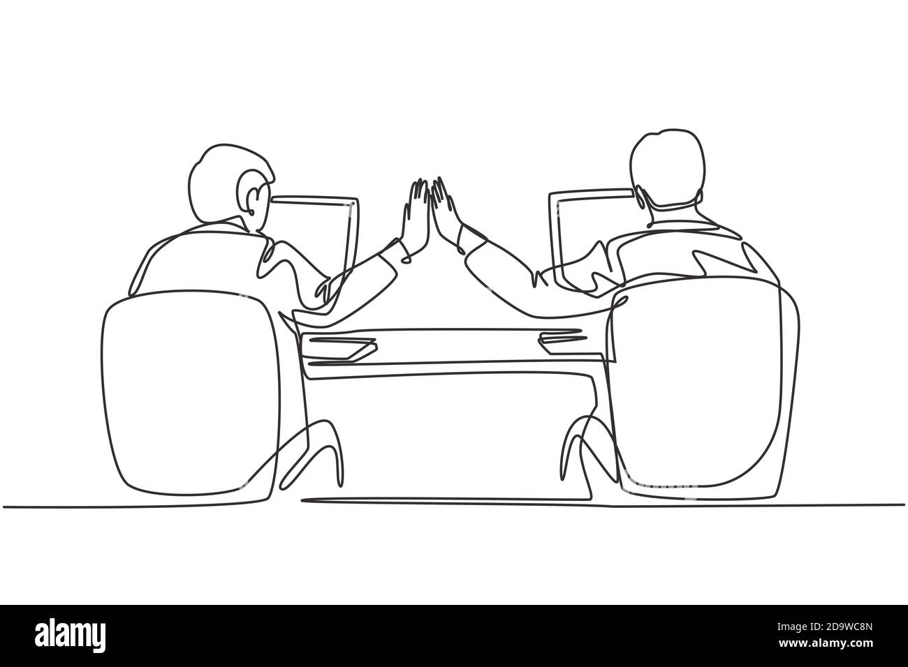 Un dessin continu de deux jeunes hommes d'affaires heureux de haut cinq quand ils savaient que le projet fonctionne sans problème. Concept de travail d'équipe d'entreprise tendance Illustration de Vecteur