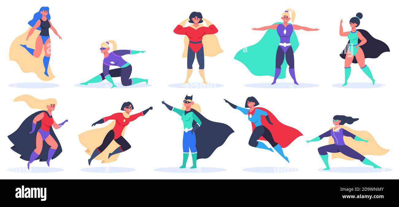 Superhéros féminins. Superwoman personnages puissants, volant super filles en costume de manteau de superwoman, merveille femmes mascottes vecteur illustration ensemble Illustration de Vecteur