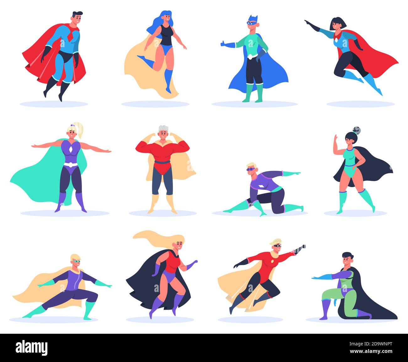 Super héros féminins et masculins. Personnages super-héros puissants, superhomme et superfemme courageux en costume de super-héros avec ensemble d'illustrations vectorielles en forme de manteau Illustration de Vecteur