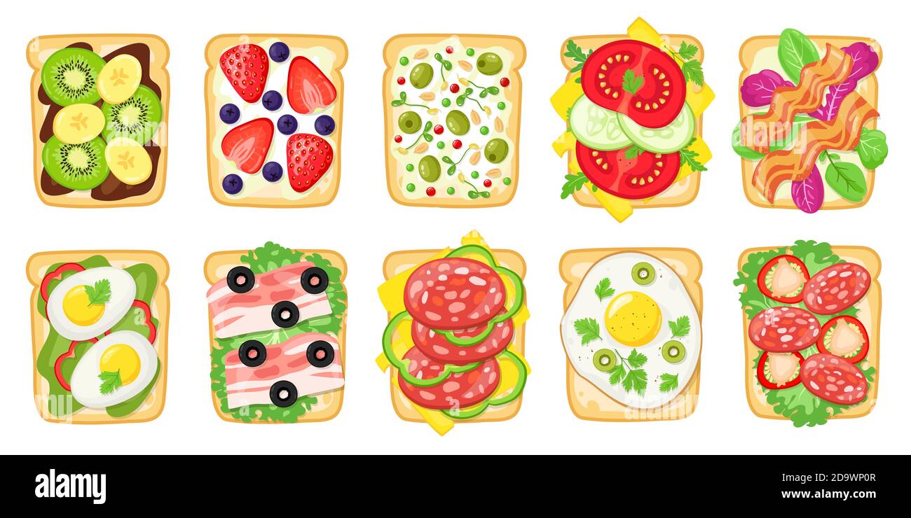 Délicieux toasts pour le petit déjeuner. Pain frit avec œufs, avocat, fromage, poisson et fruits, sandwich délicieux et sain, ensemble d'illustrations de vecteur de pain grillé Illustration de Vecteur