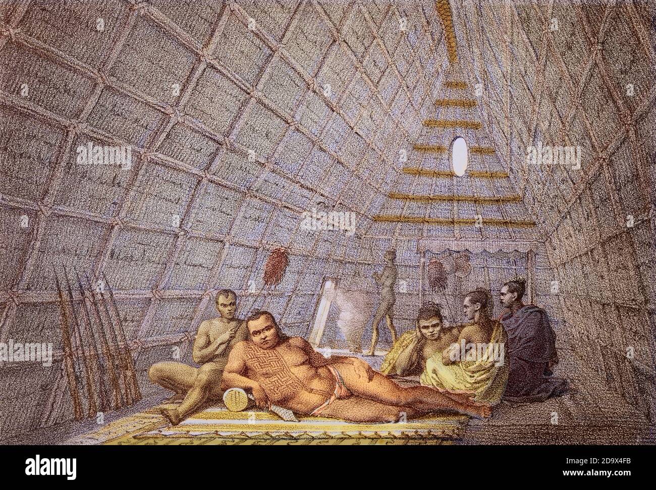 Intérieur de la cabane du chef, îles Sandwich - intérieur d'une maison d'un chef dans les îles Sandwich - gravure du Voyage pittoresque autour du mond Banque D'Images