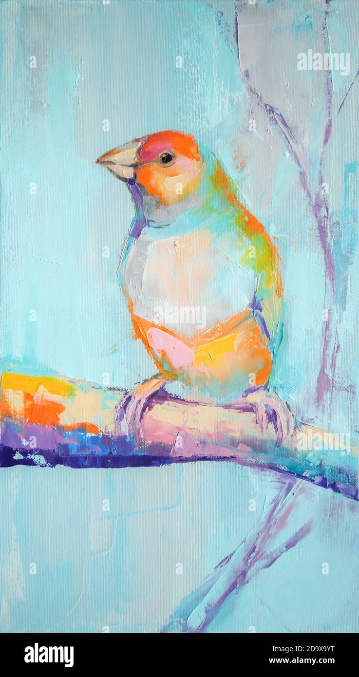 Tableau de portrait d'oiseau d'huile dans des tons multicolores. Peinture abstraite conceptuelle d'un oiseau. Gros plan d'une peinture à l'huile et couteau à palette sur toile. Banque D'Images