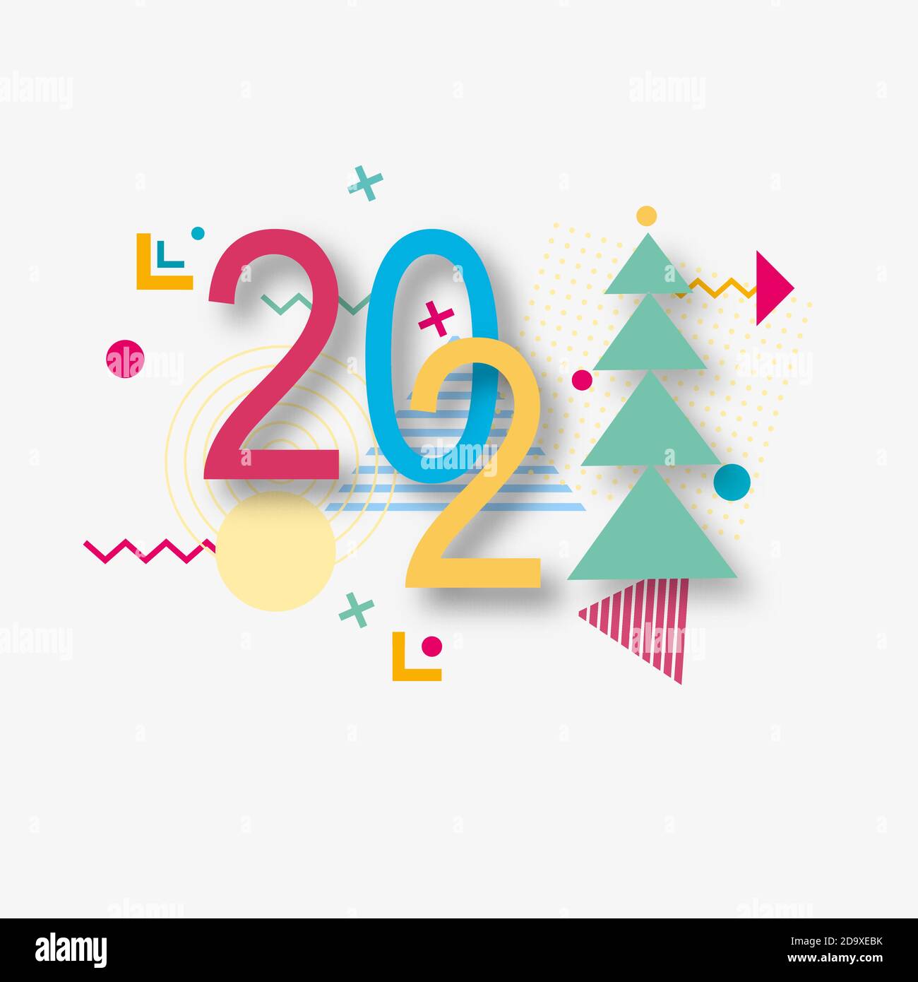 Design créatif d'une carte du nouvel an de 2021 sur un fond moderne. Affiche lumineuse dans le style de Memphis. Base des éléments géométriques et des numéros de couleur Illustration de Vecteur