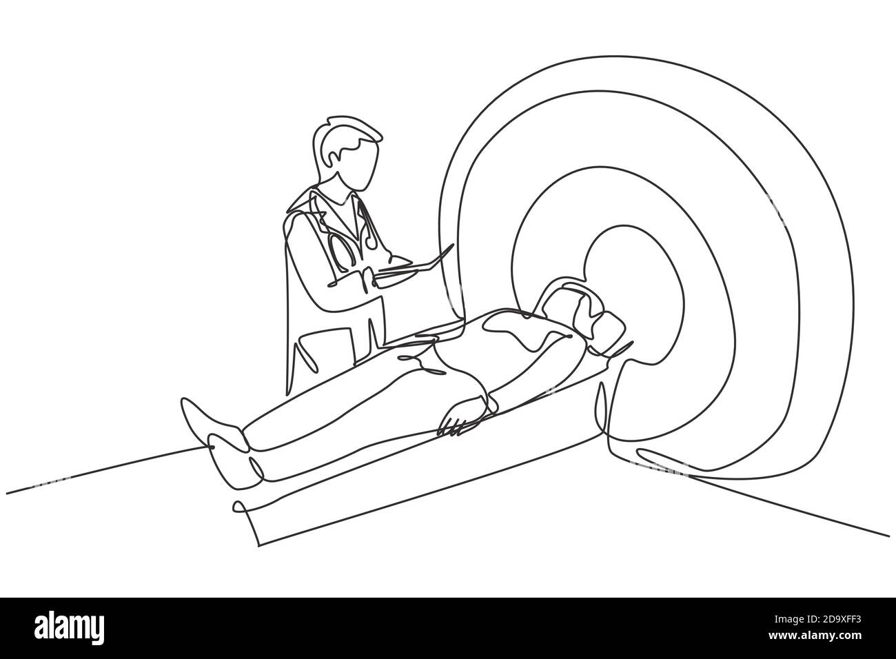 Un seul dessin de ligne continue jeune homme médecin faire la procédure d'IRM au patient qui a subi un accident vasculaire cérébral dommages au cerveau. Concept de service de traitement médical Illustration de Vecteur