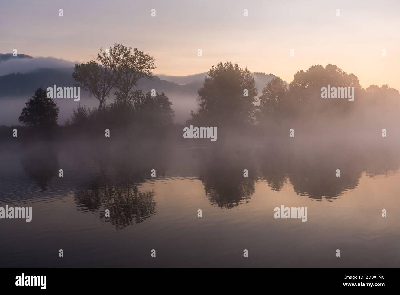 Arbres et brouillard réfléchi sur la rivière Adda pendant un lever de soleil calme et frais à l'automne avec feuillage Banque D'Images