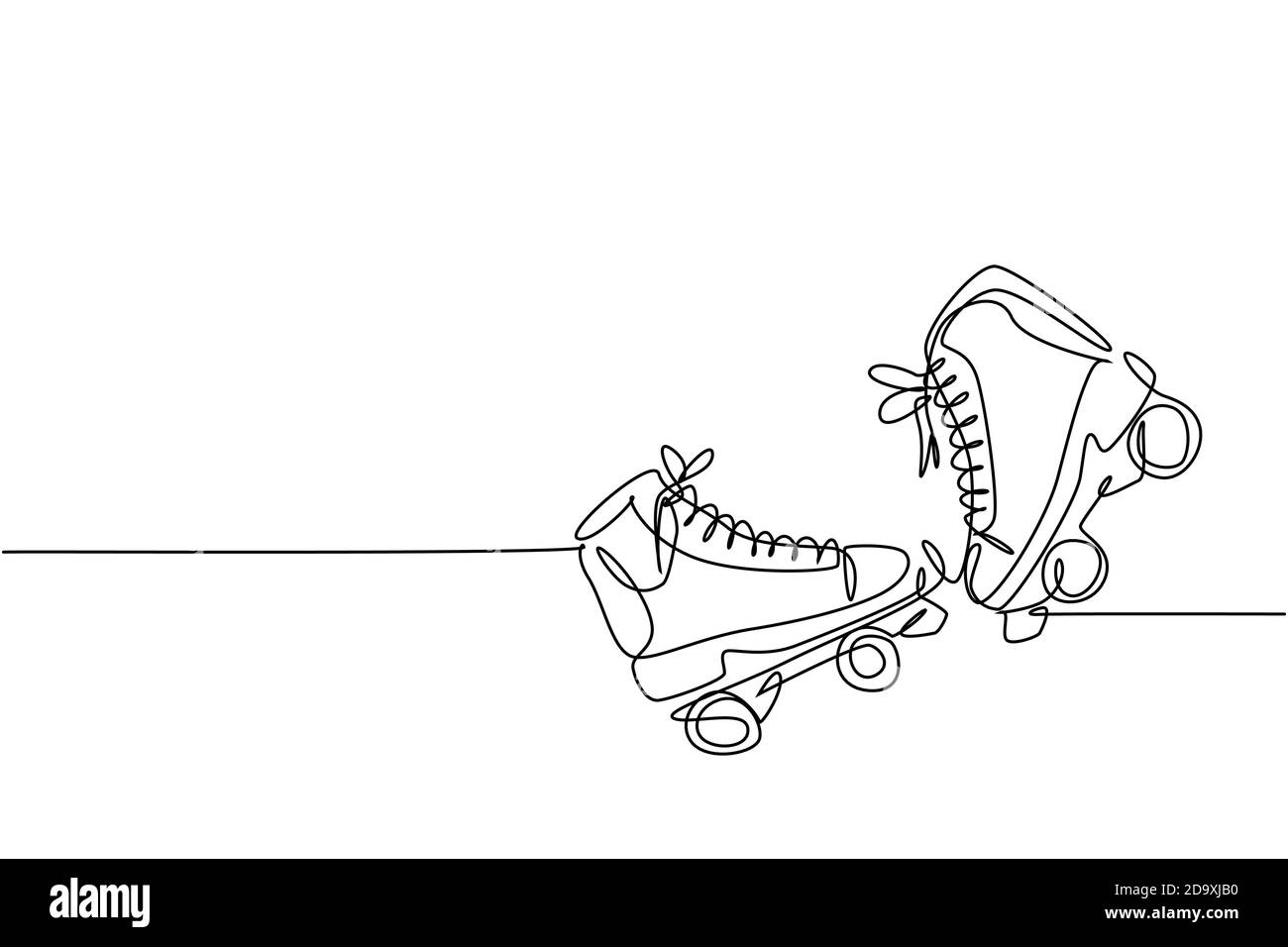 Un dessin d'une ligne de paire d'anciennes chaussures de skateboard à quatre rouleaux en plastique rétro. Vintage classique extrême sport concept continu dessin de ligne vecteur de conception Illustration de Vecteur