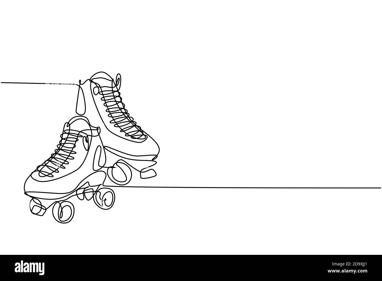 Un dessin d'une seule ligne de paire de vieilles chaussures de patin à quatre rouleaux en plastique rétro. Vintage tendance classique sport concept ligne continue dessiner graphique Illustration de Vecteur