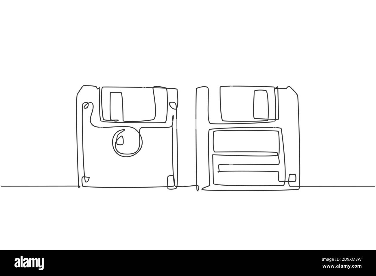 Un dessin d'une seule ligne de l'ancien classique rétro disque de 3.5 pouces avant et arrière. Vintage fichier stockage disquette élément concept ligne continue Illustration de Vecteur