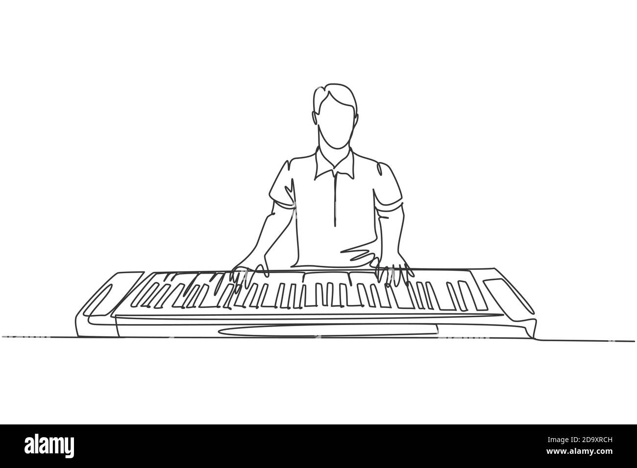 Un dessin d'une seule ligne de jeune homme joyeux pianiste jouant un synthétiseur électrique, un piano à clavier moderne. Artiste musicien concept de performance Illustration de Vecteur