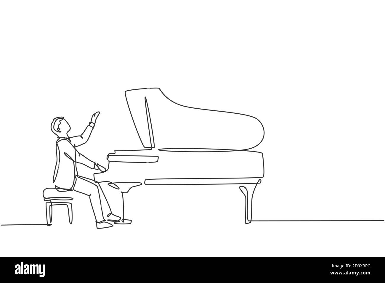 Un dessin continu de jeunes hommes heureux pianiste jouant du piano à queue classique sur le festival de théâtre de concert de musique. Performance d'artiste musicien Illustration de Vecteur
