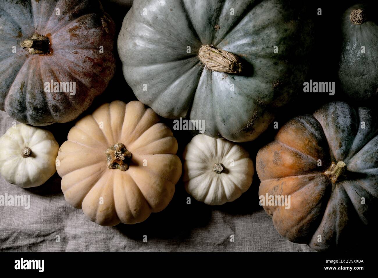 Collection de citrouilles colorées sur nappe en lin. Pose à plat Banque D'Images