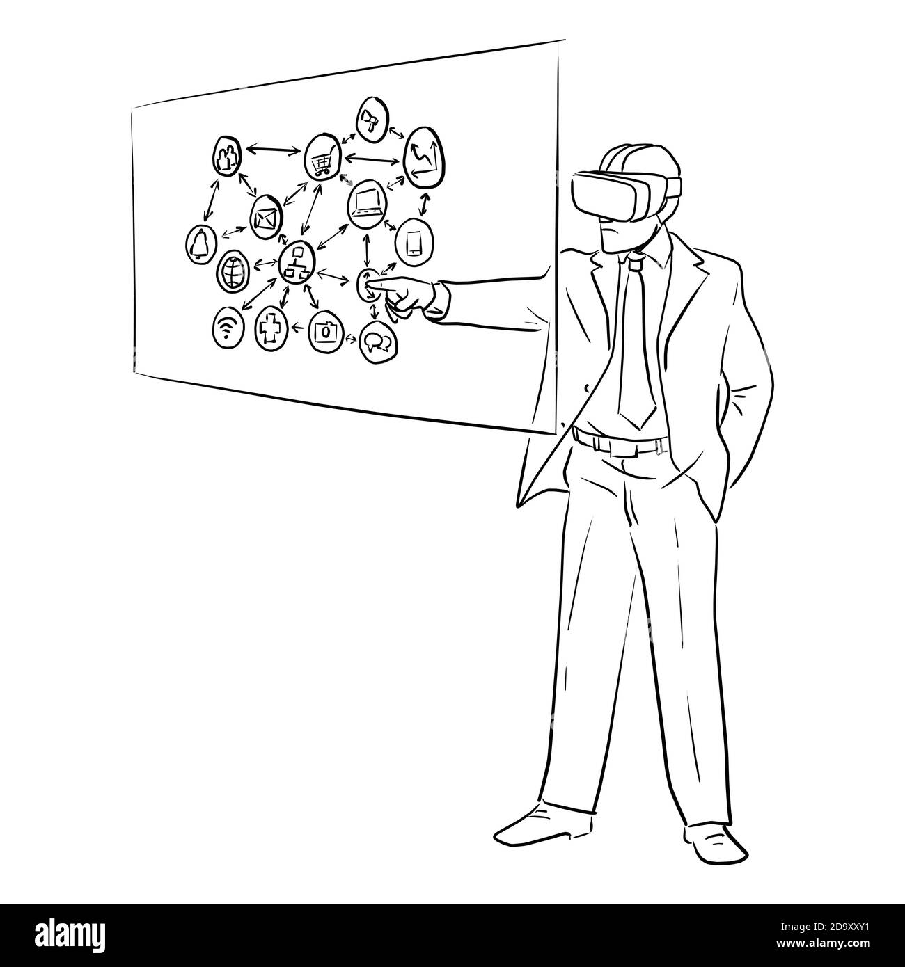 Homme d'affaires portant un casque VR et un écran tactile avec icône professionnelle l'illustration vectorielle esquisse de la poignée dessinée à la main avec des lignes noires isolées sur blanc Illustration de Vecteur