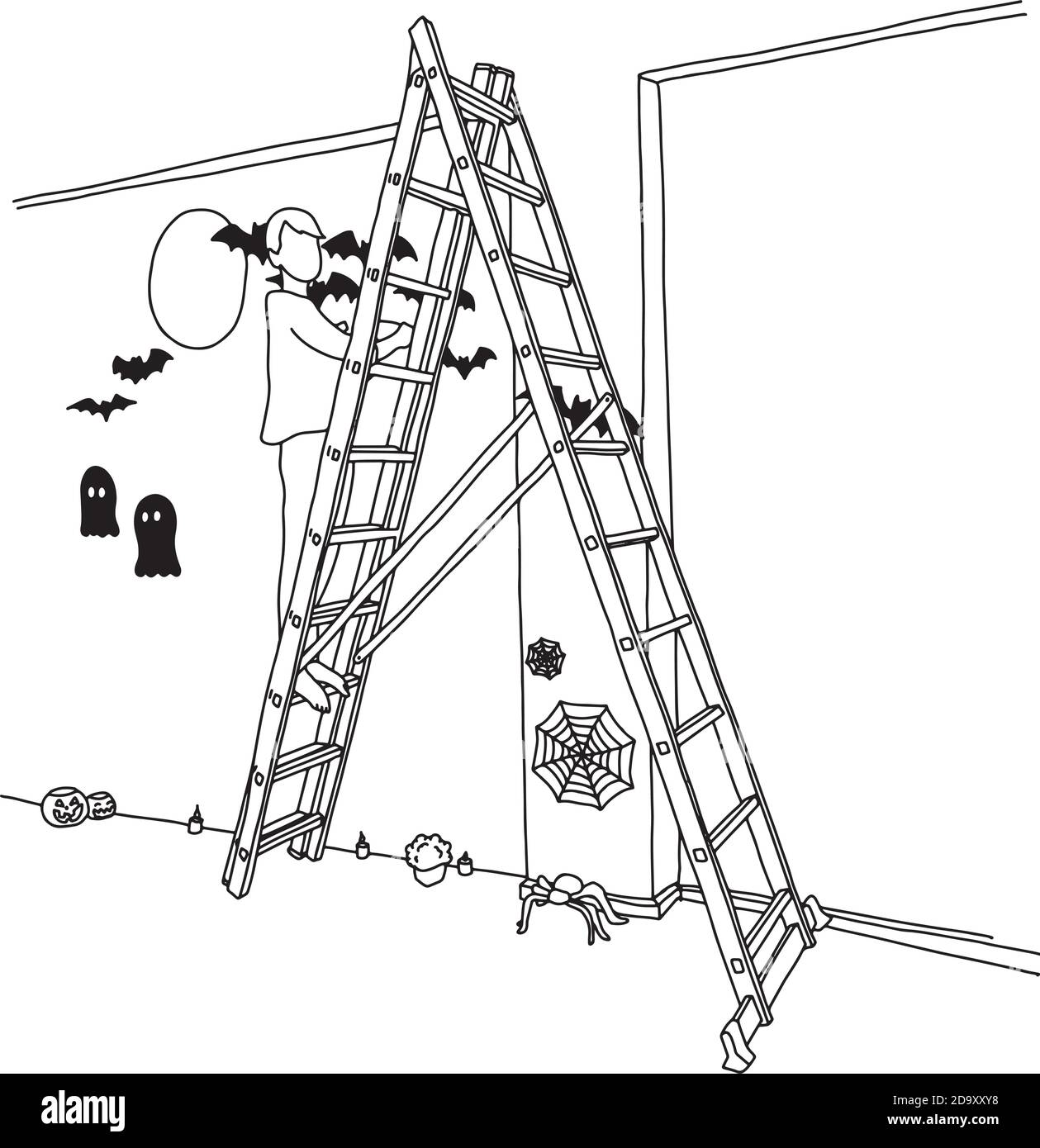 Femme utilisant l'échelle pour décorer Halloween vecteur illustration esquisse Doodle tracé à la main avec des lignes noires isolées sur fond blanc Illustration de Vecteur