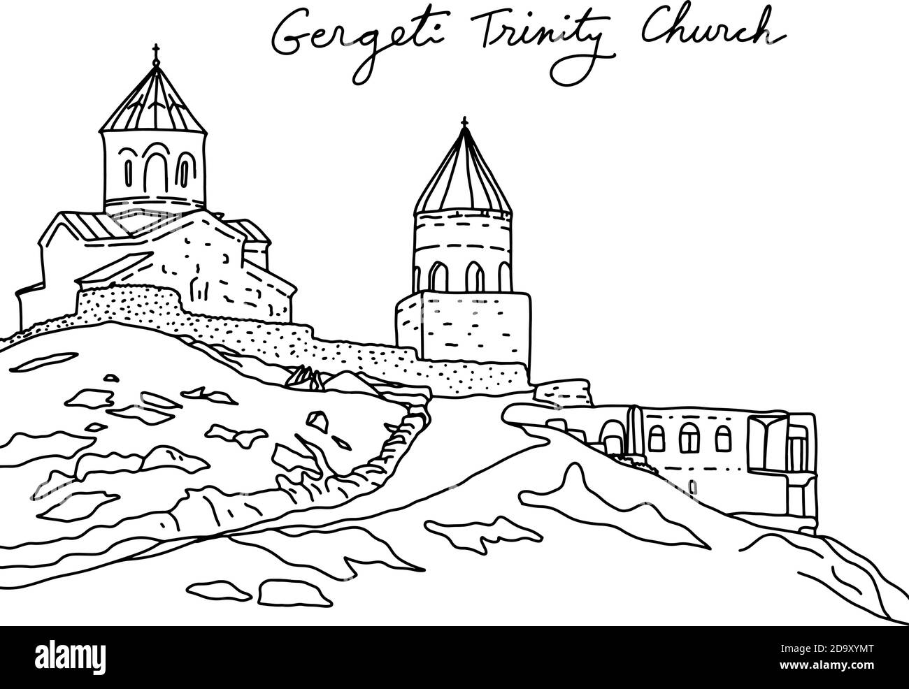 Gergeti Trinity Church ou Stepantsminda vecteur illustration esquisse Doodle main tracé avec des lignes noires isolées sur fond blanc Illustration de Vecteur