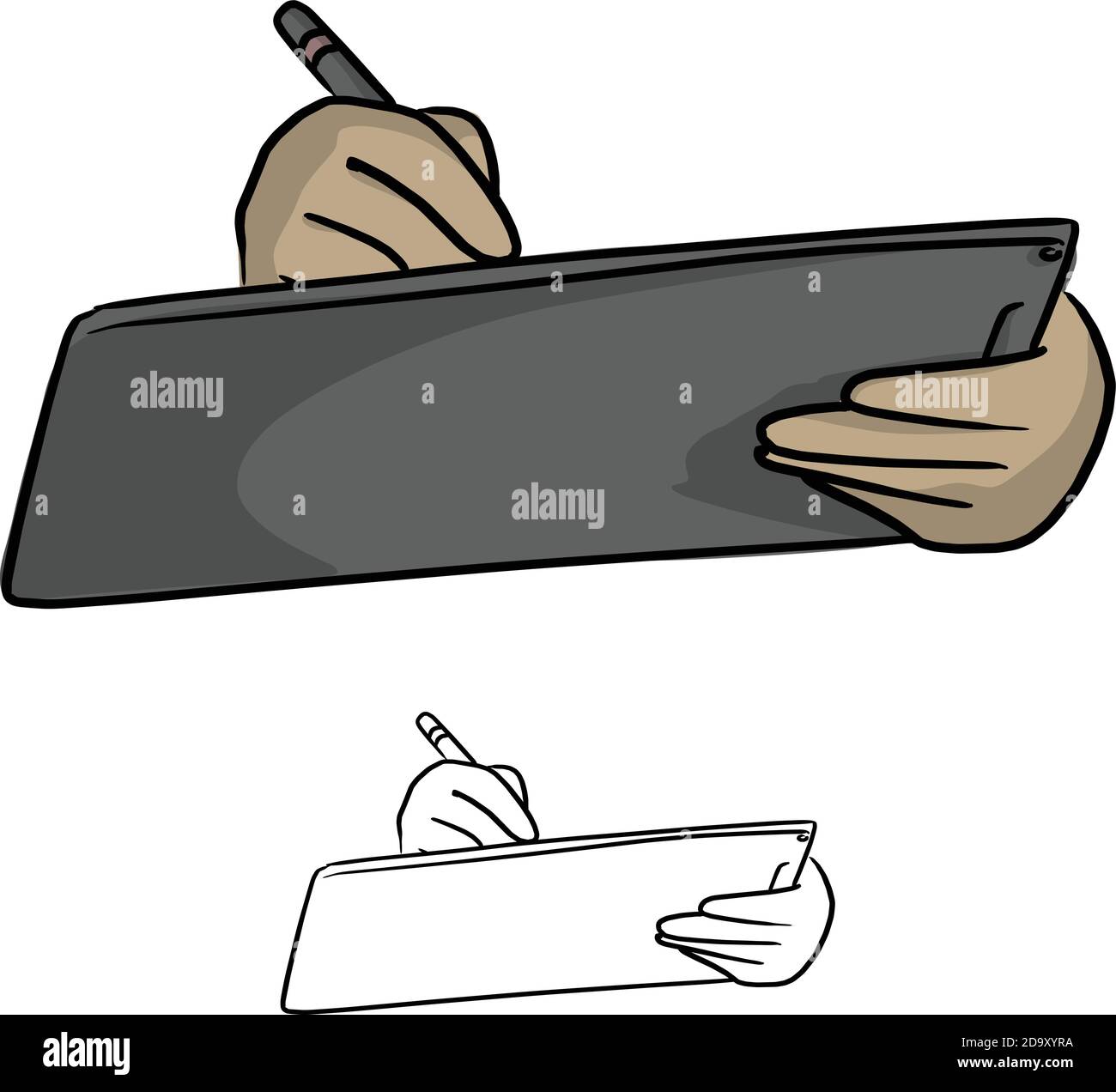 Gros plan de la main d'homme d'affaires à l'aide d'un stylet pour le toucher l'illustration vectorielle de l'écran de la tablette numérique est dessinée à la main avec lignes noires iso Illustration de Vecteur