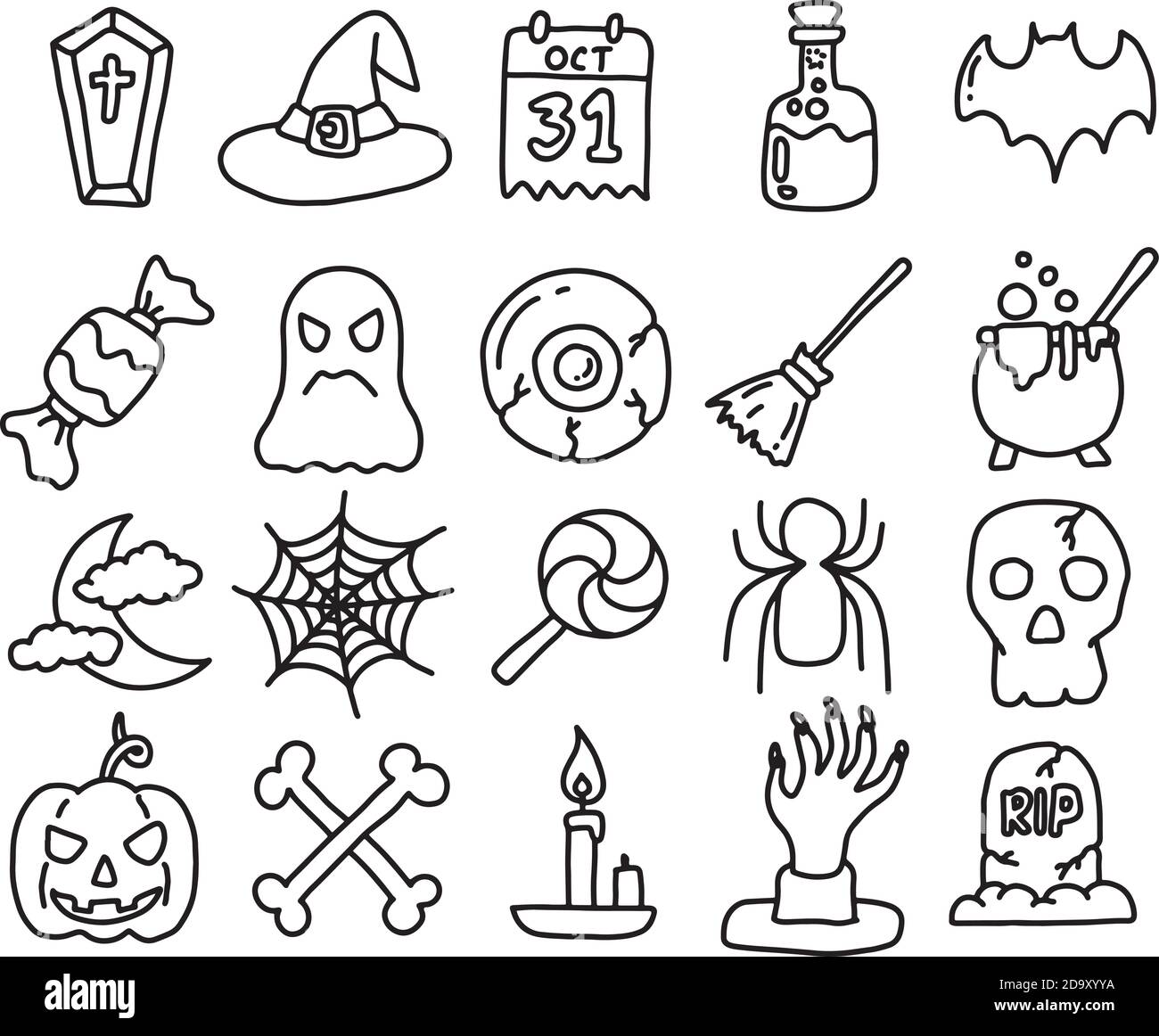 Halloween ensemble d'icônes vecteur illustration esquisse Doodle dessiné à la main avec lignes noires isolées Illustration de Vecteur