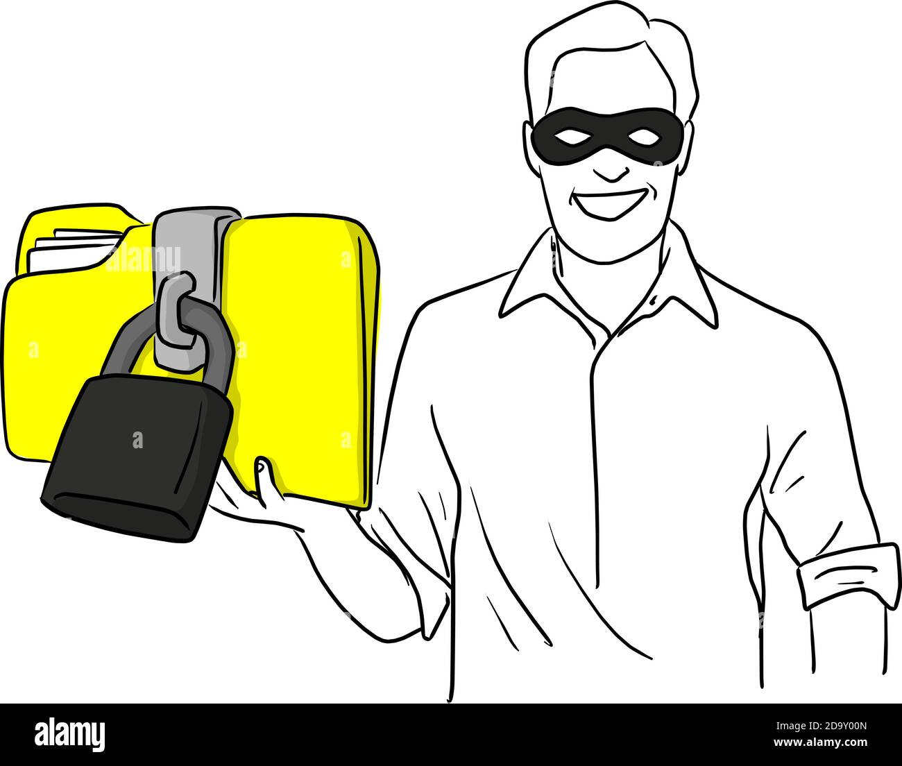 voleur de virus hacker vêtu d'un masque foncé volé grand jaune dossier avec schéma de vecteur de verrouillage esquisse doodle dessiné à la main isolé sur fond blanc Illustration de Vecteur