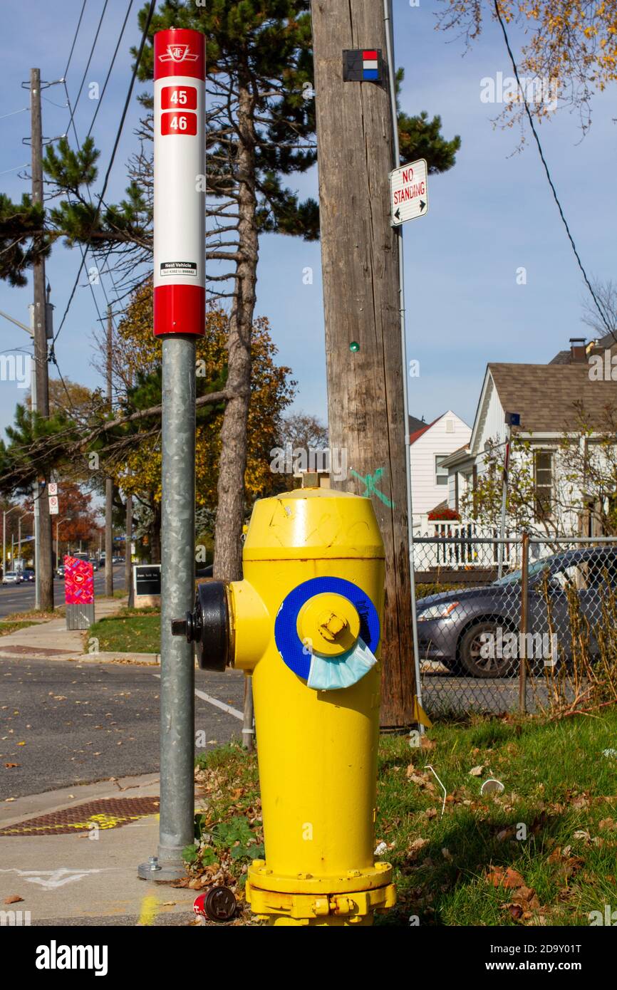 Un arrêt d'autobus de la Toronto Transit Commission (TTC) à Etobicoke (Toronto), Ontario, Canada, sur l'avenue Kipling. Il reste un masque facial sur le poteau incendie. Banque D'Images