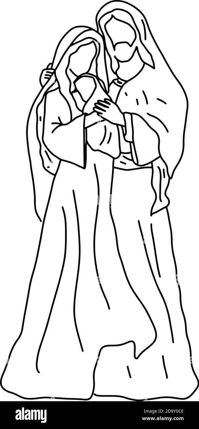 Scène de la nativité de Noël de Joseph et Marie tenant bébé Jésus dessin d'illustration vectorielle doodle dessiné à la main et isolé sur fond blanc Illustration de Vecteur