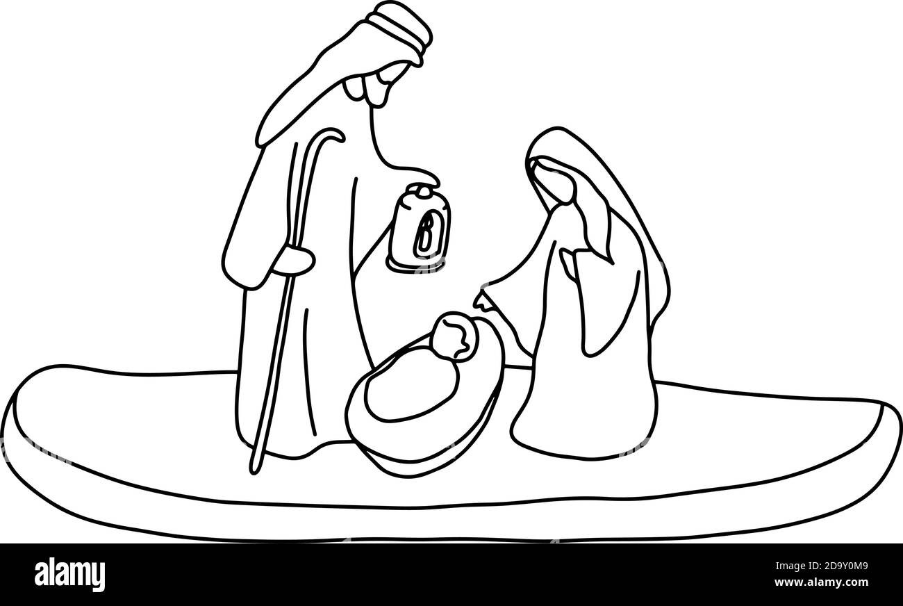 Joseph Mary et le bébé Jésus avec le vecteur de copyspace illustration esquisse Doodle main dessiné isolé sur fond blanc. Scène de fête de Noël Illustration de Vecteur