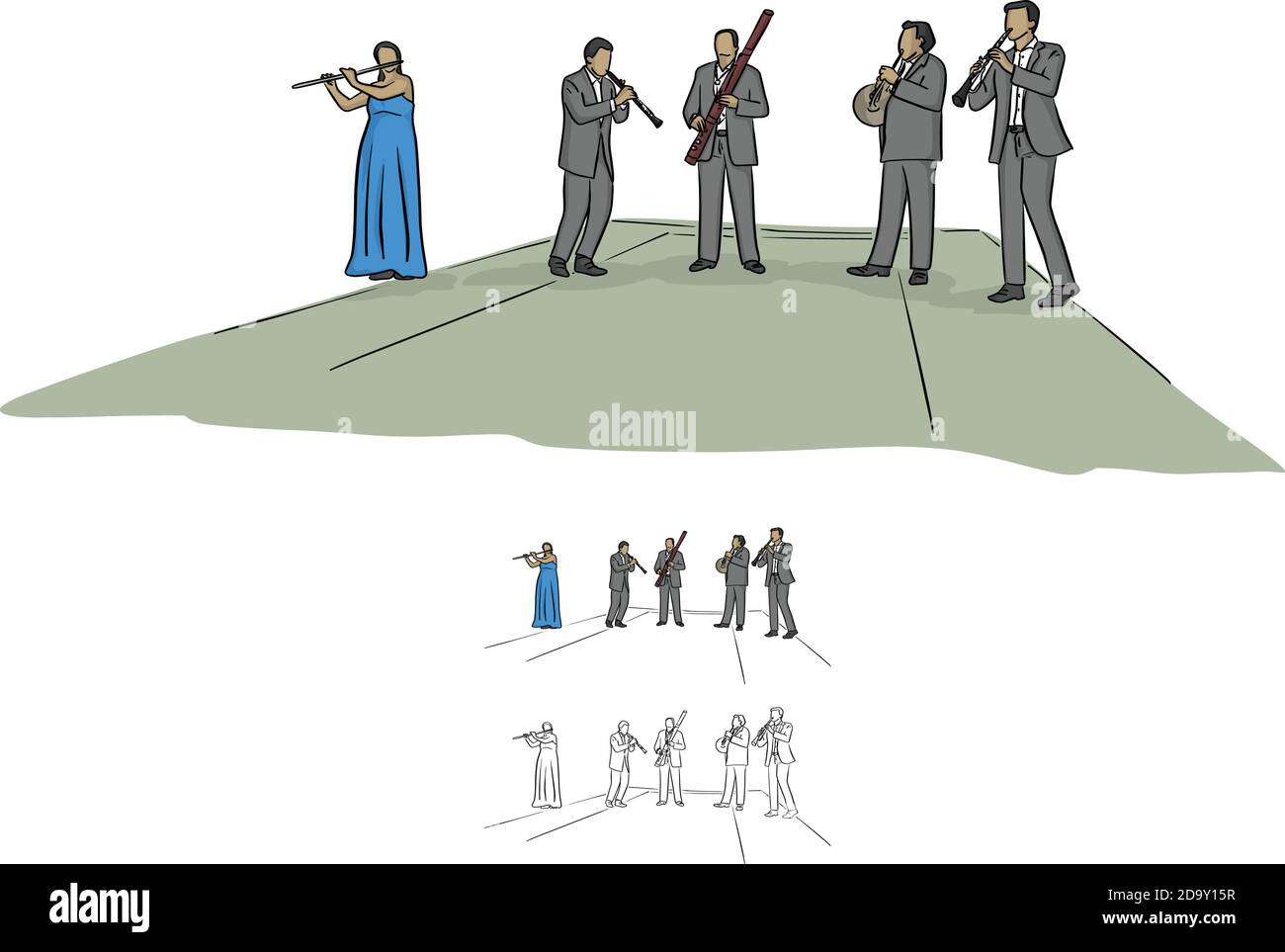 Les musiciens de quintette jouant de la musique sur scène, l'illustration vectorielle esquisse un peu tracé à la main avec des lignes noires isolées sur fond blanc Illustration de Vecteur
