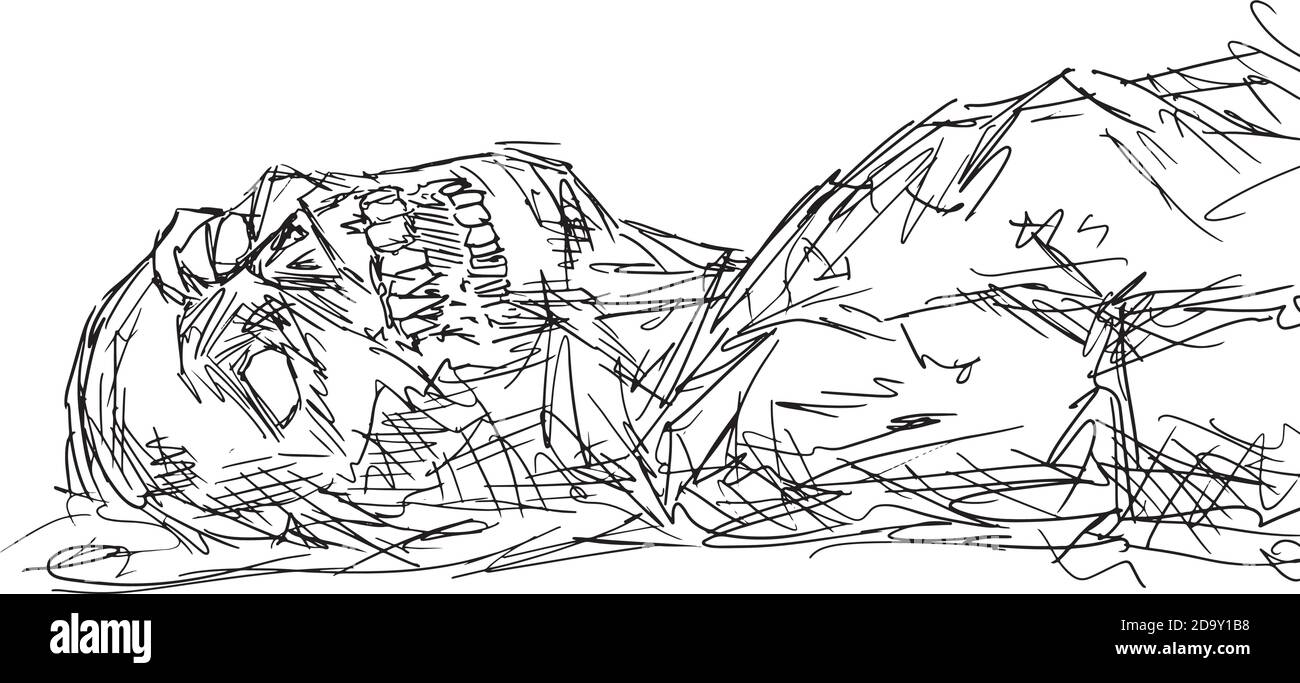 gros plan zombie allongé sur l'illustration du vecteur sol dessinez à la main le boutre avec des lignes noires isolées sur du blanc arrière-plan Illustration de Vecteur
