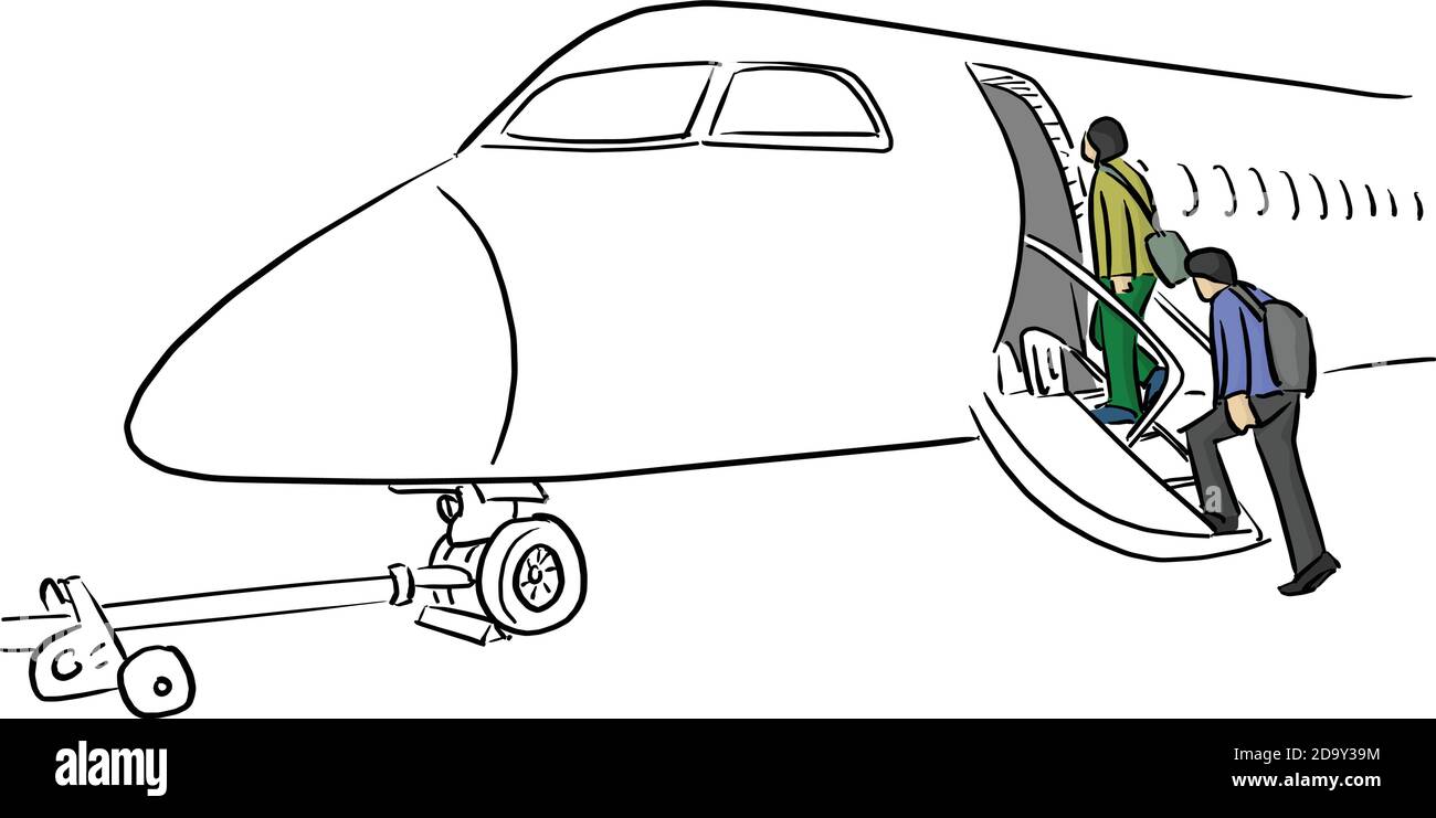 les gens qui marchent sur l'échelle de l'illustration vecteur d'avion esquissent un regard tracé à la main avec des lignes noires isolées sur fond blanc Illustration de Vecteur