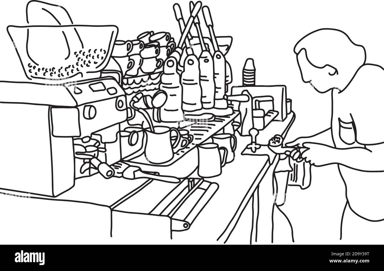 un barista masculin prépare un café dans son magasin doodle dessiné à la main avec des lignes noires isolées sur fond blanc Illustration de Vecteur