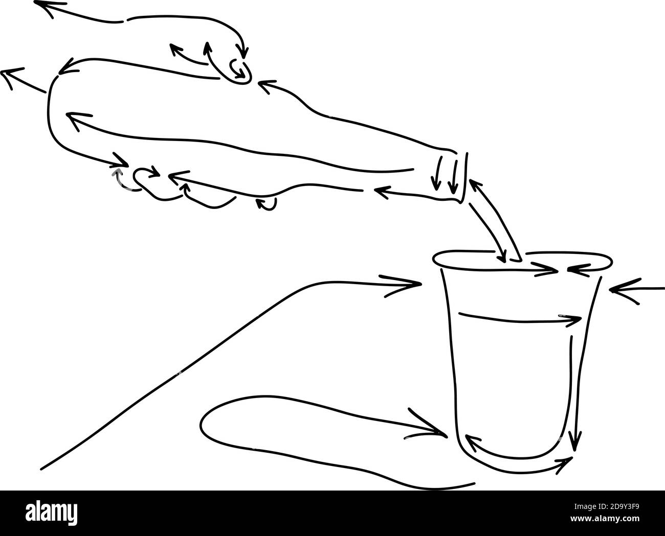 verser à la main l'eau de la bouteille sur le verre en forme de flèche l'illustration vectorielle esquisse de la poignée dessinée à la main avec des lignes noires isolées sur fond blanc Illustration de Vecteur