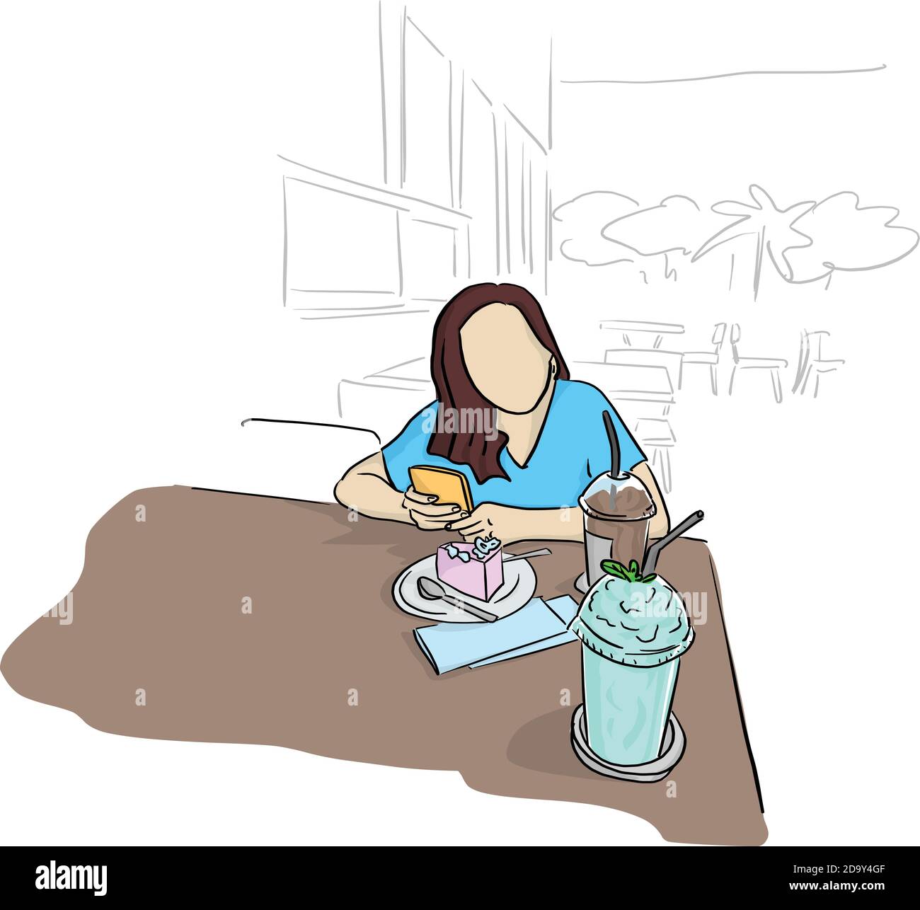 femme utilisant un téléphone portable avec gâteau et boissons fraîches tableau dans l'illustration vectorielle du café, dessin d'un doodle dessiné à la main avec lignes noires isolées sur Illustration de Vecteur