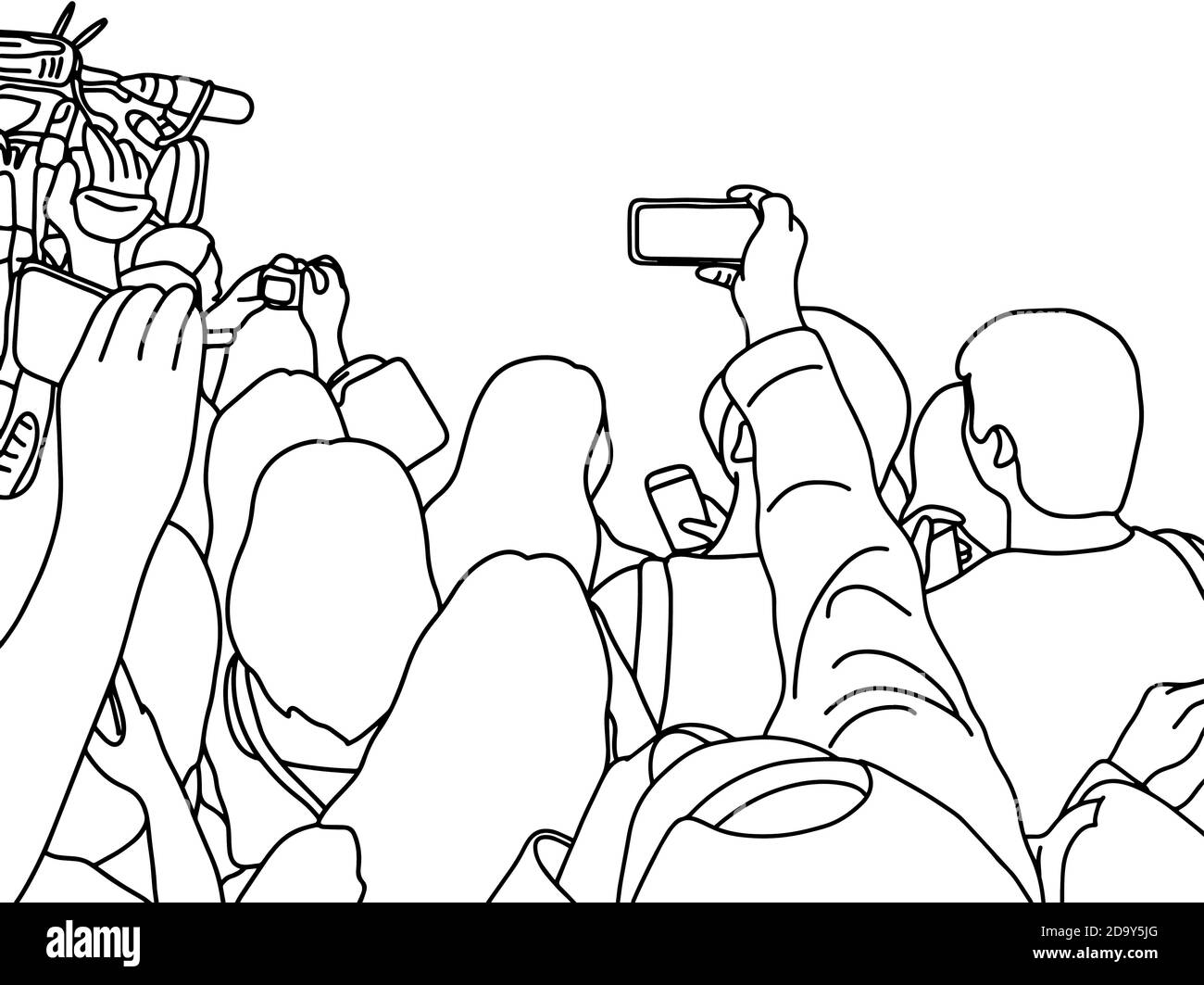 reporter interviw avec téléphone mobile et dessin d'illustration de vecteur d'espace de copie doodle dessiné à la main avec des lignes noires isolées sur fond blanc Illustration de Vecteur