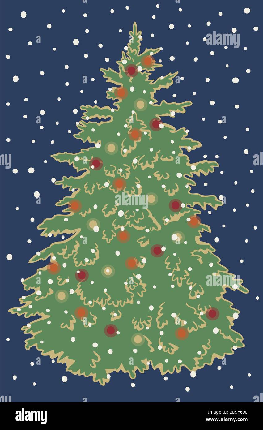 Illustration vectorielle carte postale motif arbre de Noël avec décorations de Noël sur fond bleu. Carte de Noël rétro de style vintage. Illustration de Vecteur