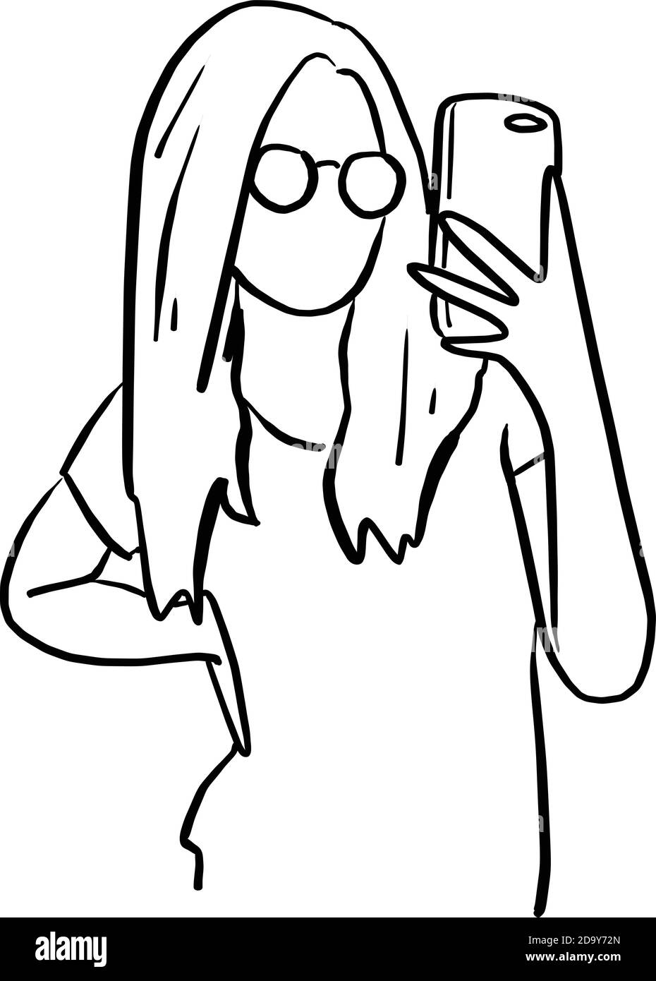 femme avec lunettes prenant des photos avec illustration vectorielle de téléphone portable dessinez à la main le boutre avec des lignes noires isolées sur du blanc arrière-plan Illustration de Vecteur