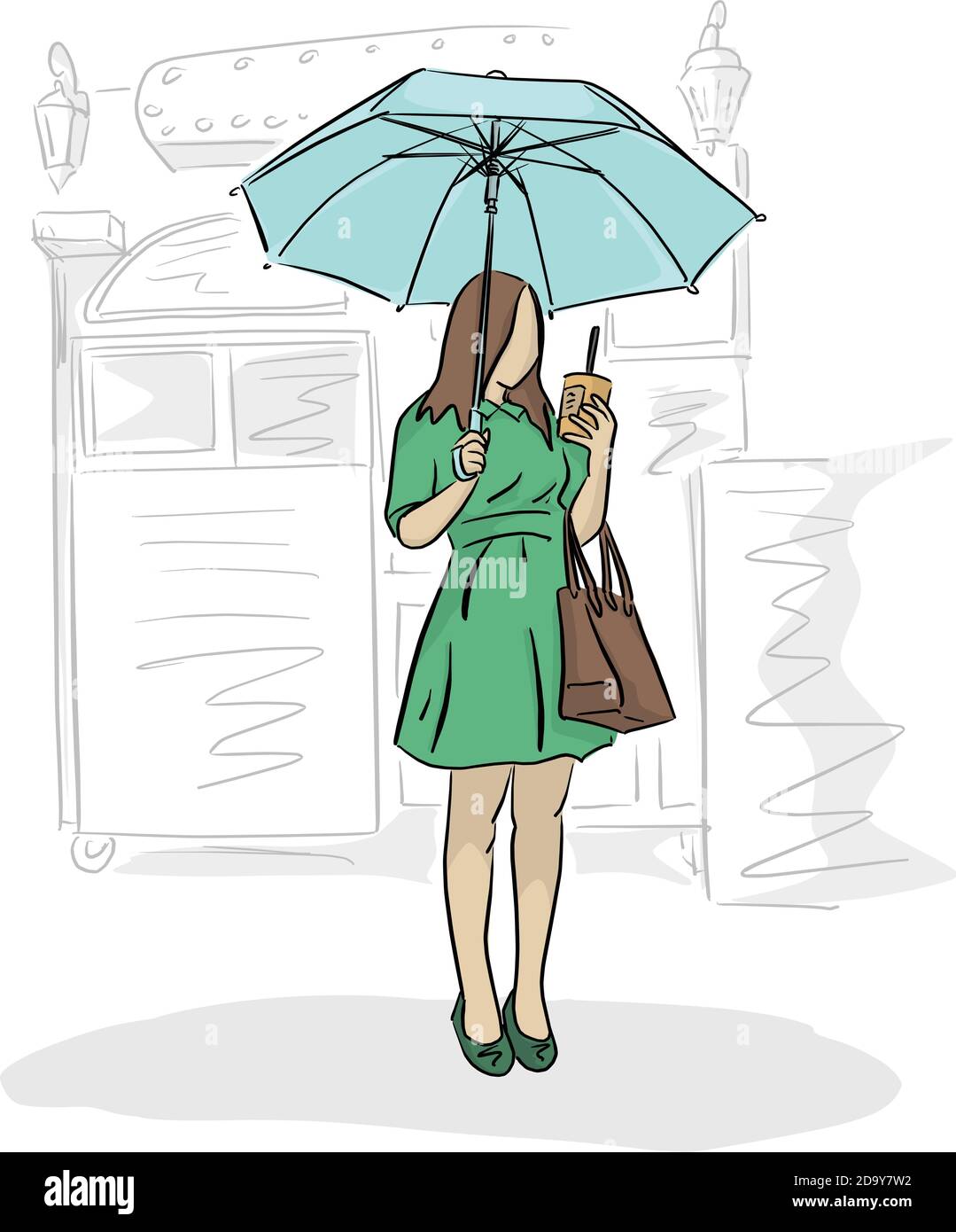 femme sous parapluie et café dans la main avec café voir l'illustration vectorielle avec des lignes noires isolées sur fond blanc Illustration de Vecteur