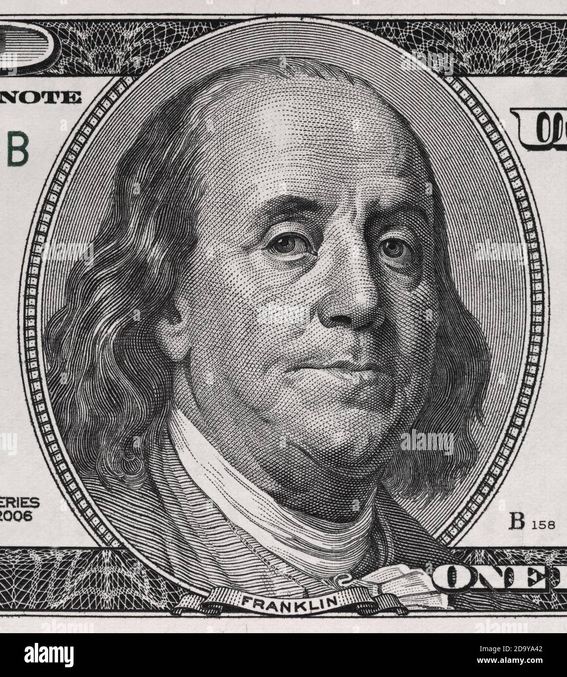 Benjamin Franklin face à nous une macro de facture de cent dollars, l'argent des états-unis closeup Banque D'Images