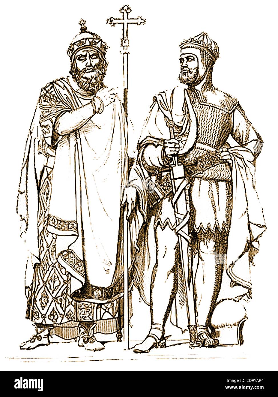 Une représentation au XIXe siècle (1842) de Miecylaus et Boleslaus (les deux sont représentés par diverses épelures tout au long de l'histoire) - . En 962 après J.-C. , la Pologne a vu l'adhésion de Miecislas I. il a épousé une princesse chrétienne de Bohème et est devenu chrétien lui-même , en promouvant la religion parmi son peuple qui à l'époque étaient principalement des Pagans. À sa mort en 1025, son fils Miecislas II prit la couronne. Après sa mort, Casimir devint roi, mourant en 1058 . A côté de succion sur le trône se trouvait son fils BoleslasII, qui a régné pendant vingt-trois ans. Cette représentation provient des fresques de Munich) Banque D'Images
