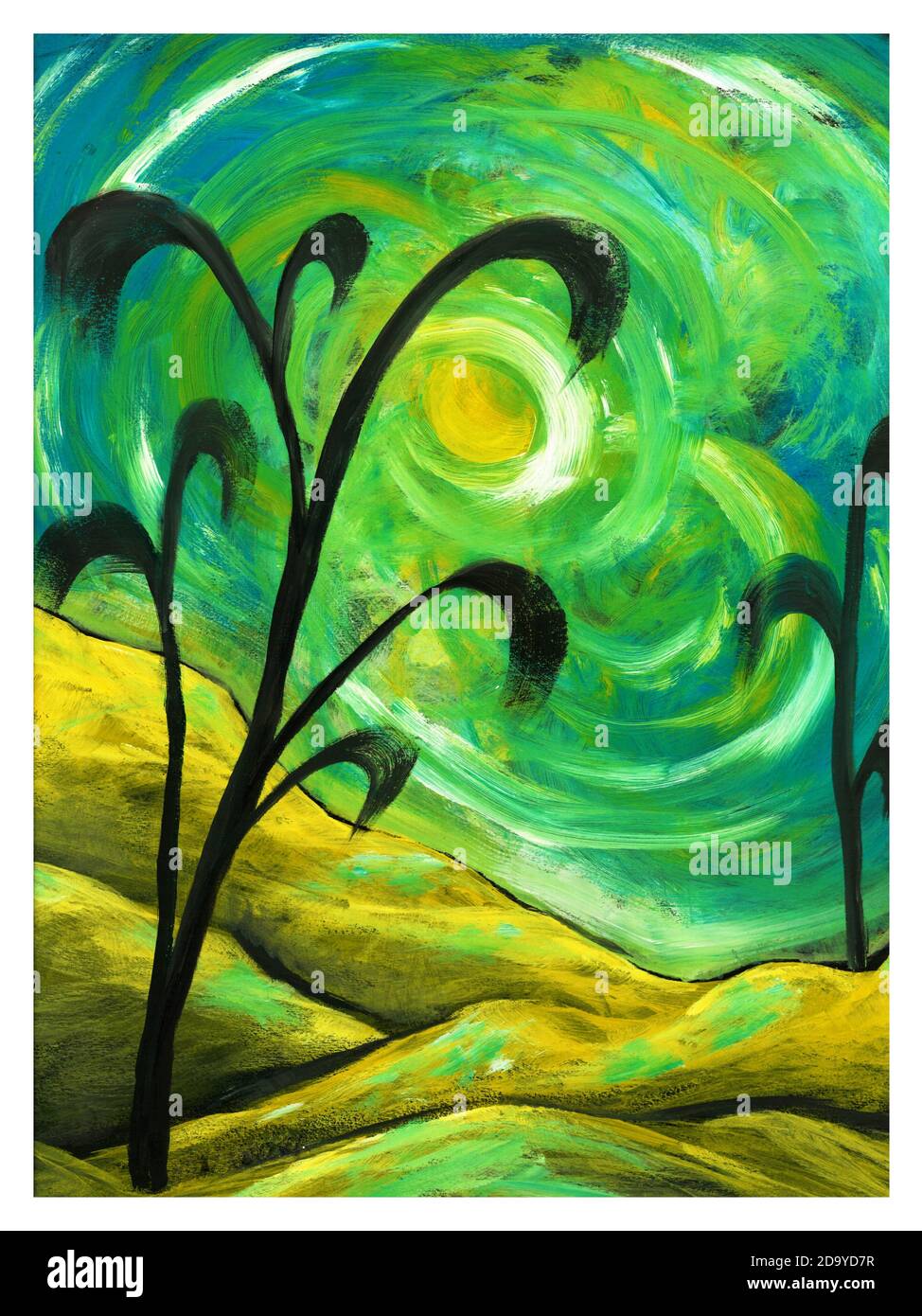 Illustration abstraite du paysage. Collines, lune, ciel vert et jaune et arbres stylisés noirs. Peint par le photographe. Banque D'Images