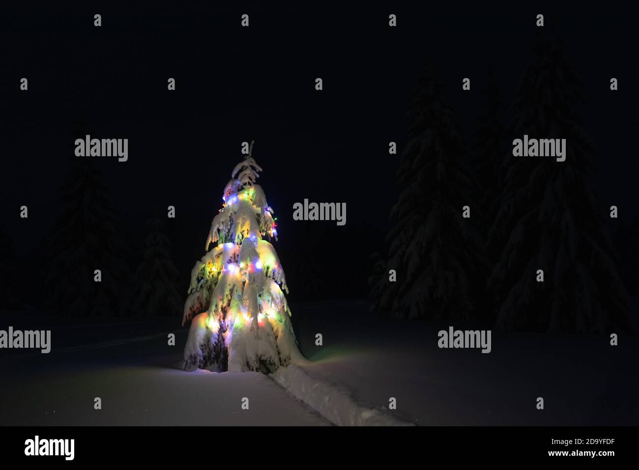 Maison de vacances paysage avec arbre de Noël, la neige et les lumières en hiver les montagnes. Nouvel an fête concept Banque D'Images