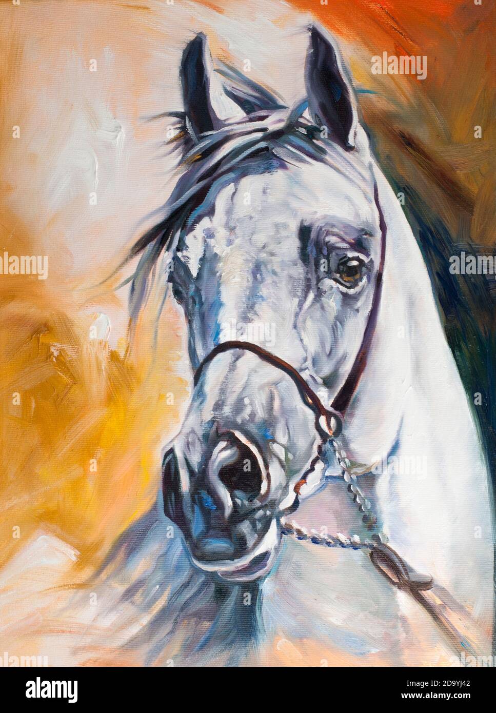 Huile de cheval arabe blanche sur toile œuvres d'art originales faites à la main Banque D'Images