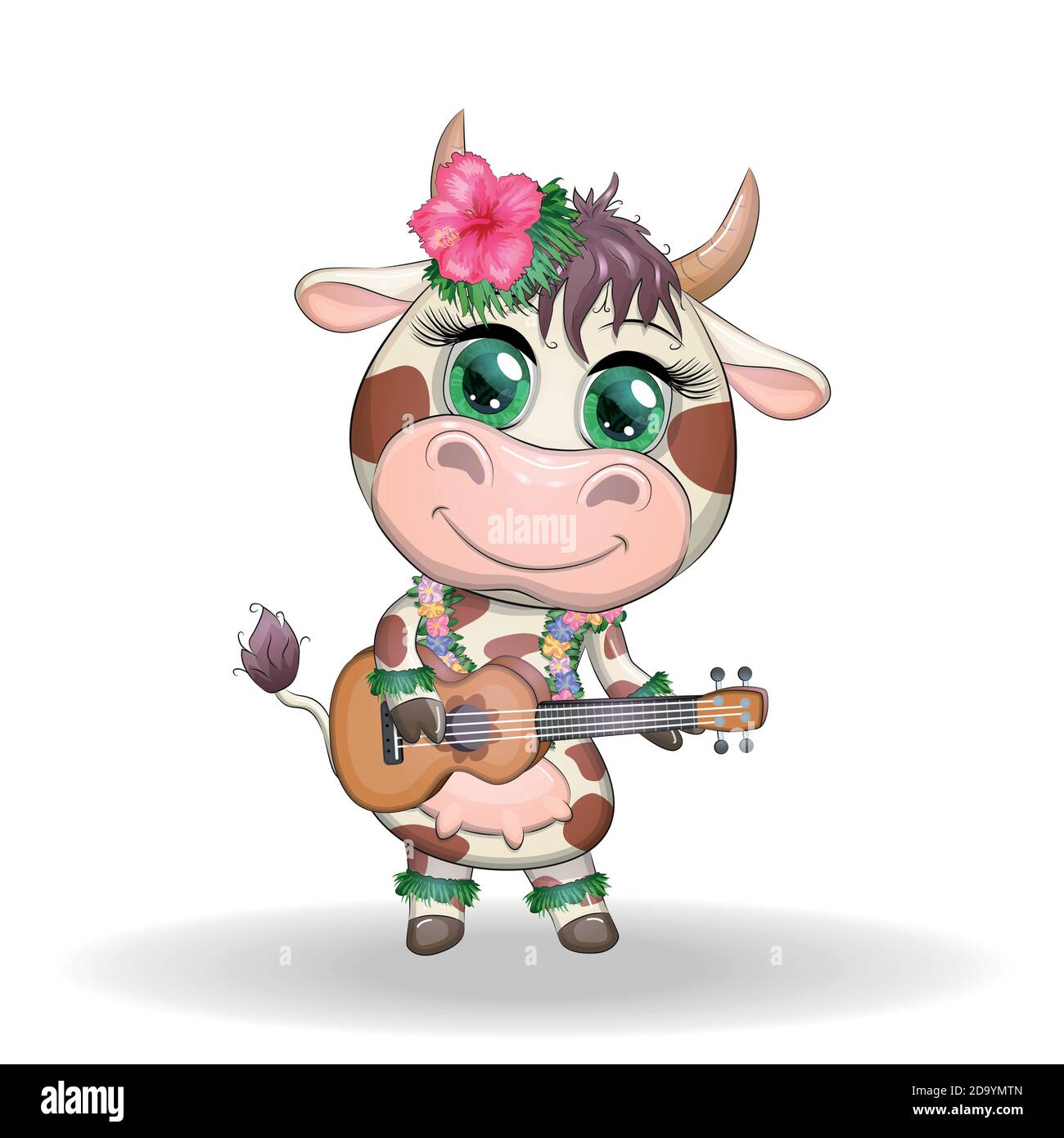 Mignon taureau de dessin animé, vache avec de beaux yeux, danseur hawaïen hula personnage avec ukulele guitare parmi les feuilles, fleurs. Nouvel an chinois mignon taureau Illustration de Vecteur