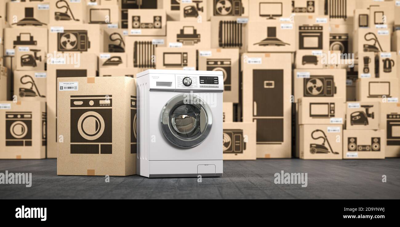 Machine à laver dans l'entrepôt avec les appareils électroménagers et  l'électronique de cuisine dans des boîtes en carton. Achat, achat et  livraison en ligne. 3d Photo Stock - Alamy